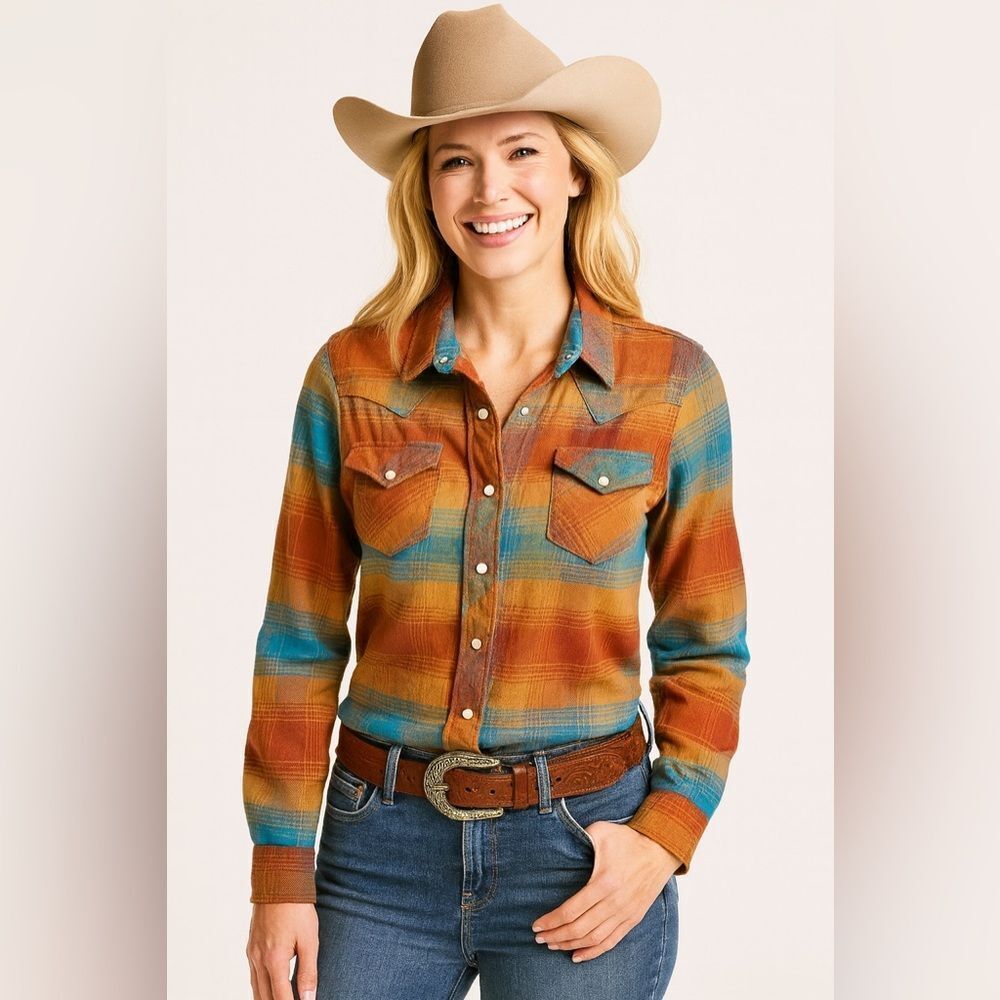 Miranda Lambert Idyllwind Rust and Teal Plaid Button-Up NWOT